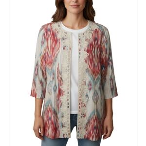 Chico's Linen Blazer Topper Jacket Size 20 2XL Ikat Print Boho Southwestern New
